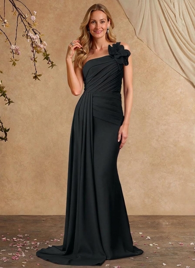 Sheath/Column One-Shoulder Sleeveless Sweep Train Elastic Satin Mother Of The Bride Dresses With Pleated/Flower(s)/Sweeping Side Drape