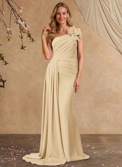 Sheath/Column One-Shoulder Sleeveless Sweep Train Elastic Satin Mother Of The Bride Dresses With Pleated/Flower(s)/Sweeping Side Drape