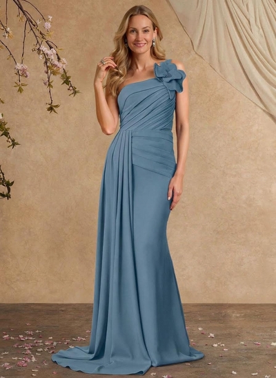 Sheath/Column One-Shoulder Sleeveless Sweep Train Elastic Satin Mother Of The Bride Dresses With Pleated/Flower(s)/Sweeping Side Drape