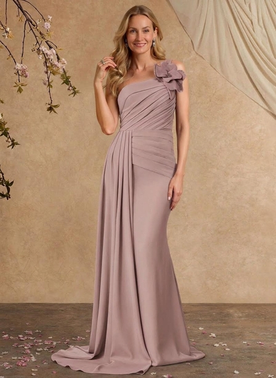 Sheath/Column One-Shoulder Sleeveless Sweep Train Elastic Satin Mother Of The Bride Dresses With Pleated/Flower(s)/Sweeping Side Drape
