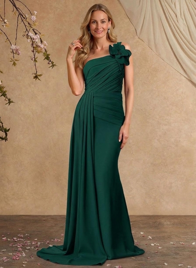 Sheath/Column One-Shoulder Sleeveless Sweep Train Elastic Satin Mother Of The Bride Dresses With Pleated/Flower(s)/Sweeping Side Drape