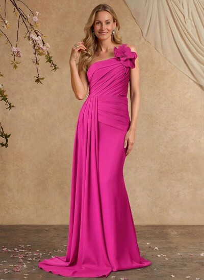 Sheath/Column One-Shoulder Sleeveless Sweep Train Elastic Satin Mother Of The Bride Dresses With Pleated/Flower(s)/Sweeping Side Drape