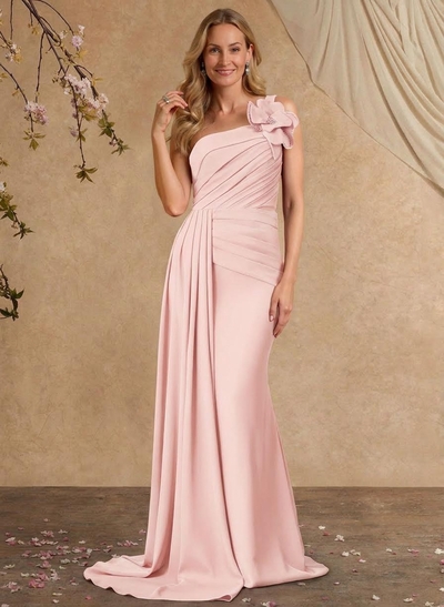 Sheath/Column One-Shoulder Sleeveless Sweep Train Elastic Satin Mother Of The Bride Dresses With Pleated/Flower(s)/Sweeping Side Drape