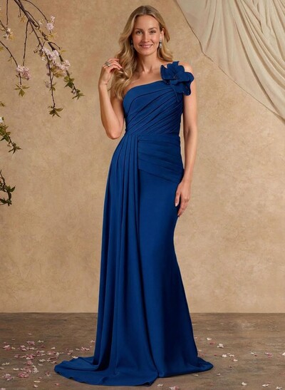 Sheath/Column One-Shoulder Sleeveless Sweep Train Elastic Satin Mother Of The Bride Dresses With Pleated/Flower(s)/Sweeping Side Drape
