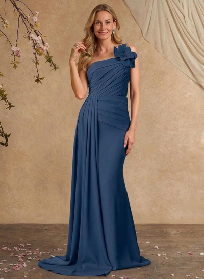 Sheath/Column One-Shoulder Sleeveless Sweep Train Elastic Satin Mother Of The Bride Dresses With Pleated/Flower(s)/Sweeping Side Drape