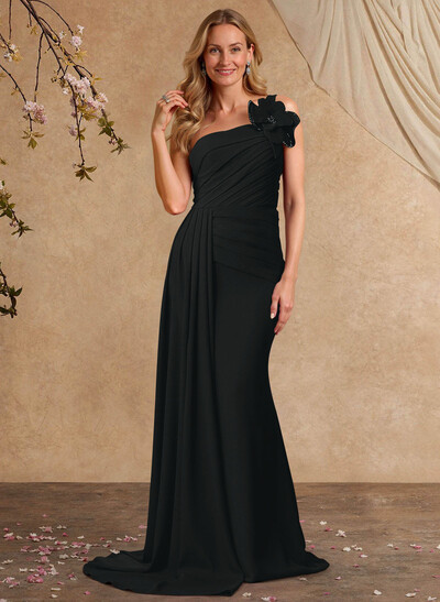 Sheath/Column One-Shoulder Sleeveless Sweep Train Elastic Satin Mother Of The Bride Dresses With Pleated/Flower(s)/Sweeping Side Drape