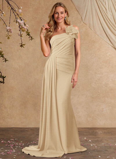 Sheath/Column One-Shoulder Sleeveless Sweep Train Elastic Satin Mother Of The Bride Dresses With Pleated/Flower(s)/Sweeping Side Drape