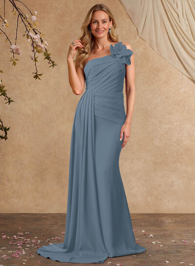 Sheath/Column One-Shoulder Sleeveless Sweep Train Elastic Satin Mother Of The Bride Dresses With Pleated/Flower(s)/Sweeping Side Drape