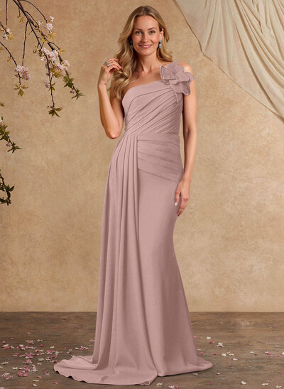 Sheath/Column One-Shoulder Sleeveless Sweep Train Elastic Satin Mother Of The Bride Dresses With Pleated/Flower(s)/Sweeping Side Drape