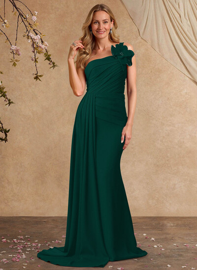 Sheath/Column One-Shoulder Sleeveless Sweep Train Elastic Satin Mother Of The Bride Dresses With Pleated/Flower(s)/Sweeping Side Drape