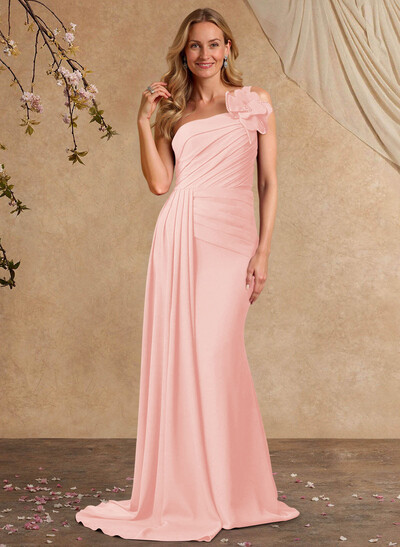 Sheath/Column One-Shoulder Sleeveless Sweep Train Elastic Satin Mother Of The Bride Dresses With Pleated/Flower(s)/Sweeping Side Drape