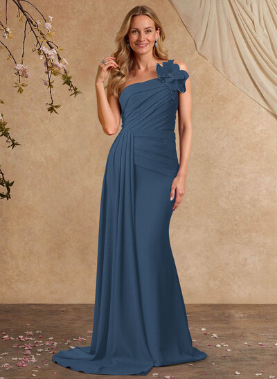 Sheath/Column One-Shoulder Sleeveless Sweep Train Elastic Satin Mother Of The Bride Dresses With Pleated/Flower(s)/Sweeping Side Drape