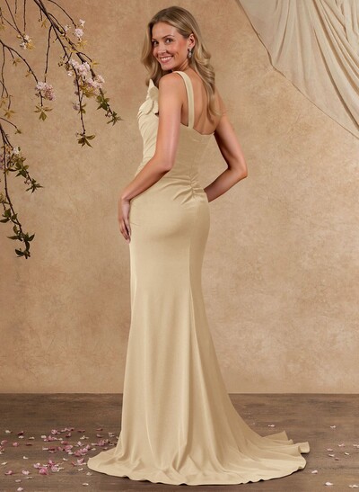 Sheath/Column One-Shoulder Sleeveless Sweep Train Elastic Satin Mother Of The Bride Dresses With Pleated/Flower(s)/Sweeping Side Drape