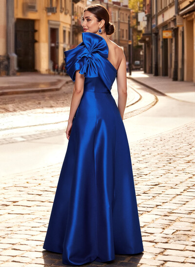 A-Line One-Shoulder Sleeveless Floor-Length Satin Mother Of The Bride Dresses With Bow(s)/Pockets