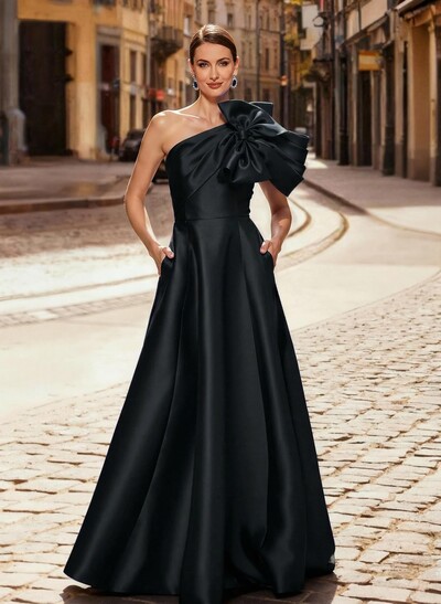 A-Line One-Shoulder Sleeveless Floor-Length Satin Mother Of The Bride Dresses With Bow(s)/Pockets