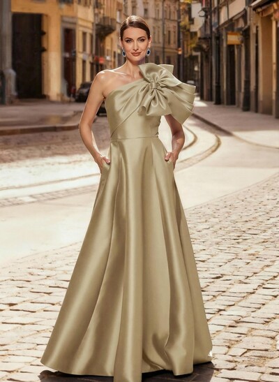 A-Line One-Shoulder Sleeveless Floor-Length Satin Mother Of The Bride Dresses With Bow(s)/Pockets