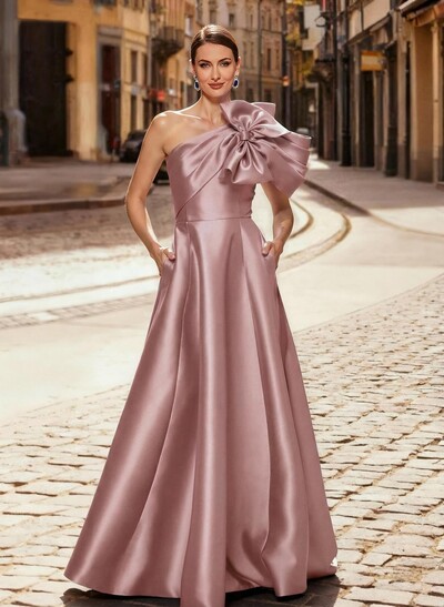 A-Line One-Shoulder Sleeveless Floor-Length Satin Mother Of The Bride Dresses With Bow(s)/Pockets