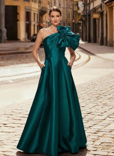A-Line One-Shoulder Sleeveless Floor-Length Satin Mother Of The Bride Dresses With Bow(s)/Pockets