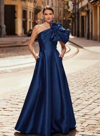 A-Line One-Shoulder Sleeveless Floor-Length Satin Mother Of The Bride Dresses With Bow(s)/Pockets