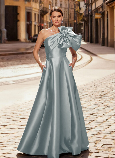 A-Line One-Shoulder Sleeveless Floor-Length Satin Mother Of The Bride Dresses With Bow(s)/Pockets