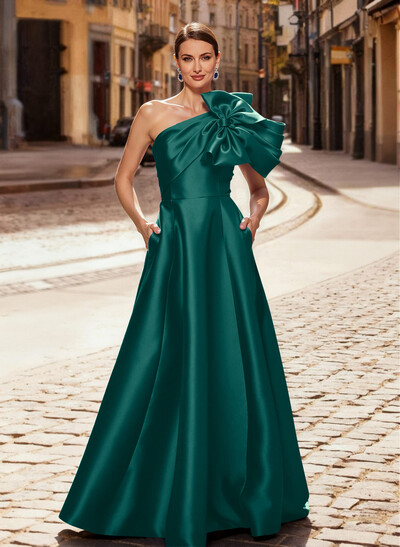 A-Line One-Shoulder Sleeveless Floor-Length Satin Mother Of The Bride Dresses With Bow(s)/Pockets