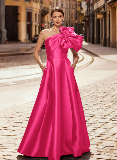 A-Line One-Shoulder Sleeveless Floor-Length Satin Mother Of The Bride Dresses With Bow(s)/Pockets