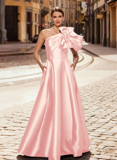 A-Line One-Shoulder Sleeveless Floor-Length Satin Mother Of The Bride Dresses With Bow(s)/Pockets