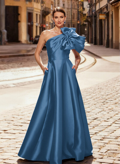 A-Line One-Shoulder Sleeveless Floor-Length Satin Mother Of The Bride Dresses With Bow(s)/Pockets