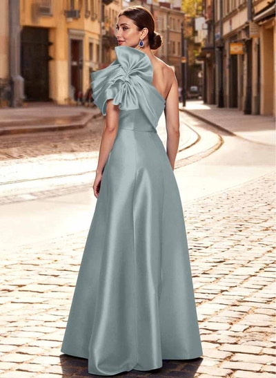 A-Line One-Shoulder Sleeveless Floor-Length Satin Mother Of The Bride Dresses With Bow(s)/Pockets