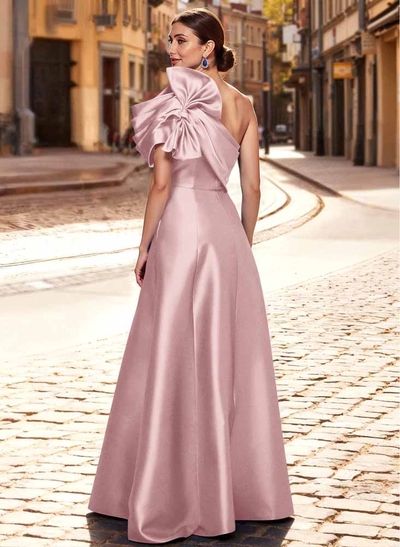 A-Line One-Shoulder Sleeveless Floor-Length Satin Mother Of The Bride Dresses With Bow(s)/Pockets