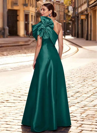 A-Line One-Shoulder Sleeveless Floor-Length Satin Mother Of The Bride Dresses With Bow(s)/Pockets