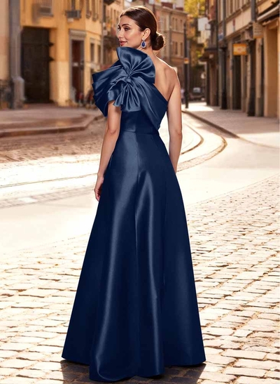 A-Line One-Shoulder Sleeveless Floor-Length Satin Mother Of The Bride Dresses With Bow(s)/Pockets