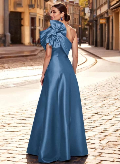 A-Line One-Shoulder Sleeveless Floor-Length Satin Mother Of The Bride Dresses With Bow(s)/Pockets