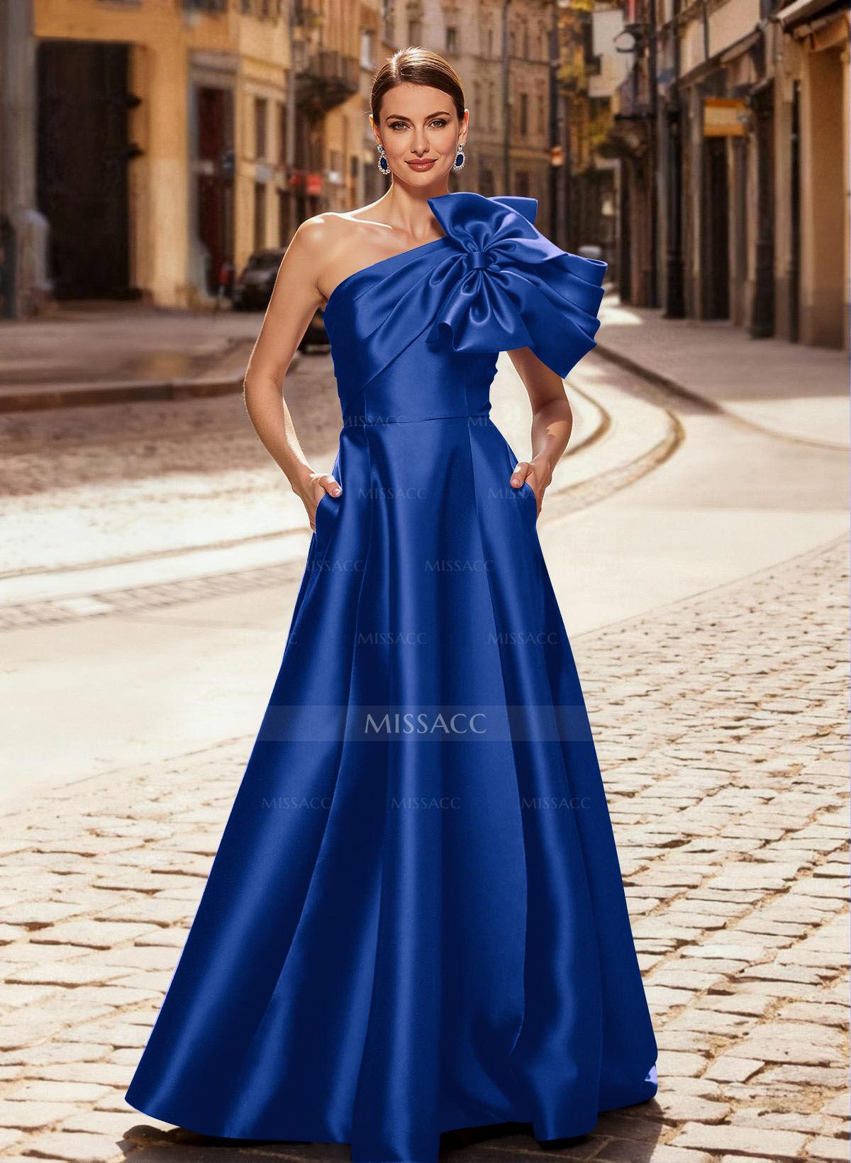 A-Line One-Shoulder Sleeveless Floor-Length Satin Mother Of The Bride Dresses With Bow(s)/Pockets