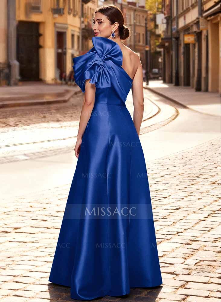 A-Line One-Shoulder Sleeveless Floor-Length Satin Mother Of The Bride Dresses With Bow(s)/Pockets