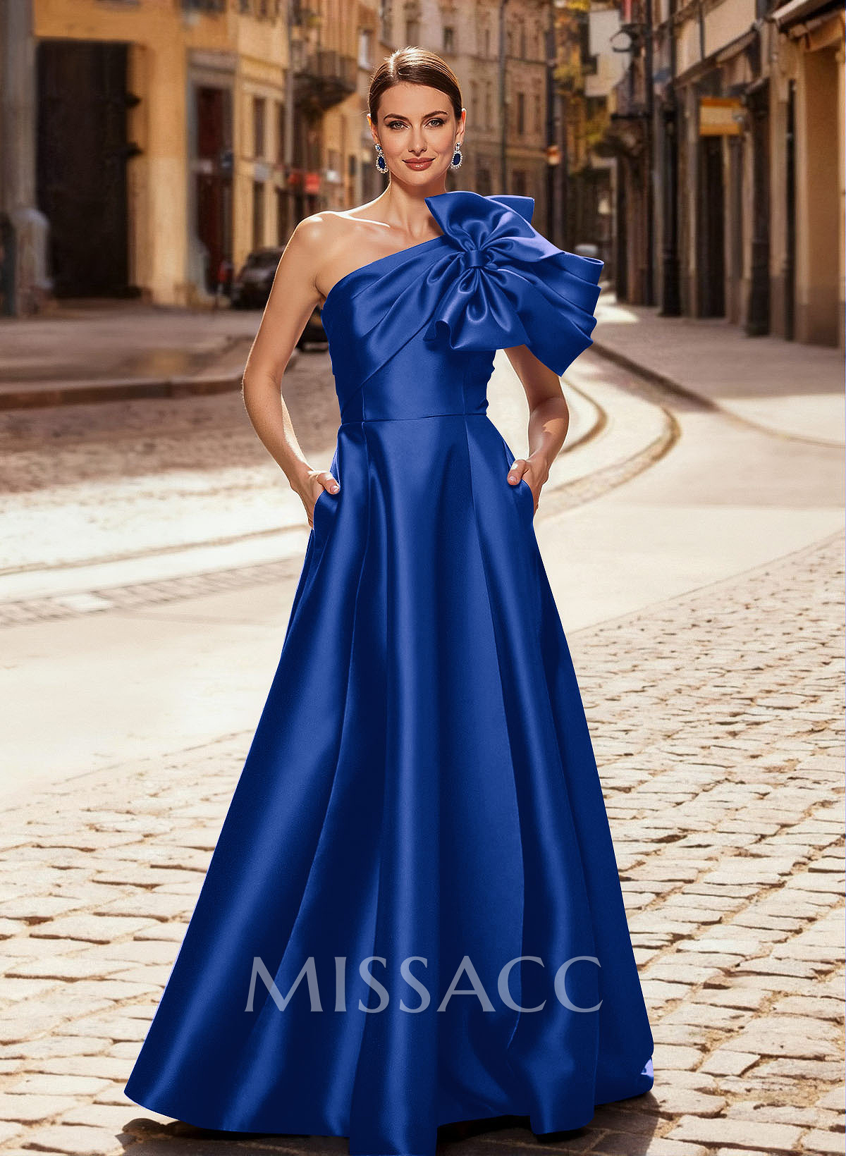 A-Line One-Shoulder Sleeveless Floor-Length Satin Mother Of The Bride Dresses With Bow(s)/Pockets