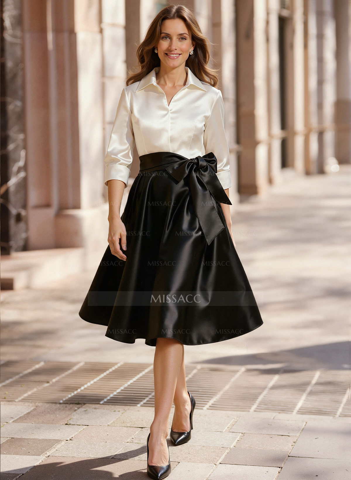 A-Line V-Neck 3/4 Sleeves Knee-Length Satin/Acetate Satin Mother Of The Bride Dresses With Bow(s)