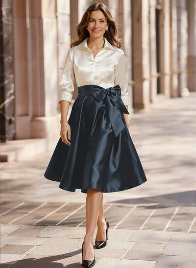A-Line V-Neck 3/4 Sleeves Knee-Length Satin/Acetate Satin Mother Of The Bride Dresses With Bow(s)