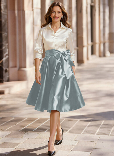 A-Line V-Neck 3/4 Sleeves Knee-Length Satin/Acetate Satin Mother Of The Bride Dresses With Bow(s)