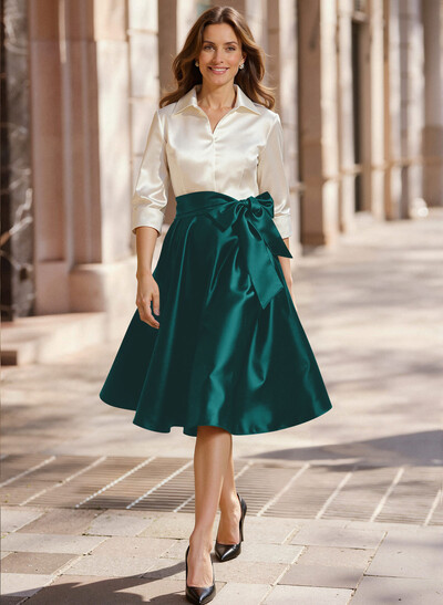 A-Line V-Neck 3/4 Sleeves Knee-Length Satin/Acetate Satin Mother Of The Bride Dresses With Bow(s)