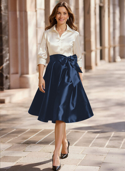 A-Line V-Neck 3/4 Sleeves Knee-Length Satin/Acetate Satin Mother Of The Bride Dresses With Bow(s)
