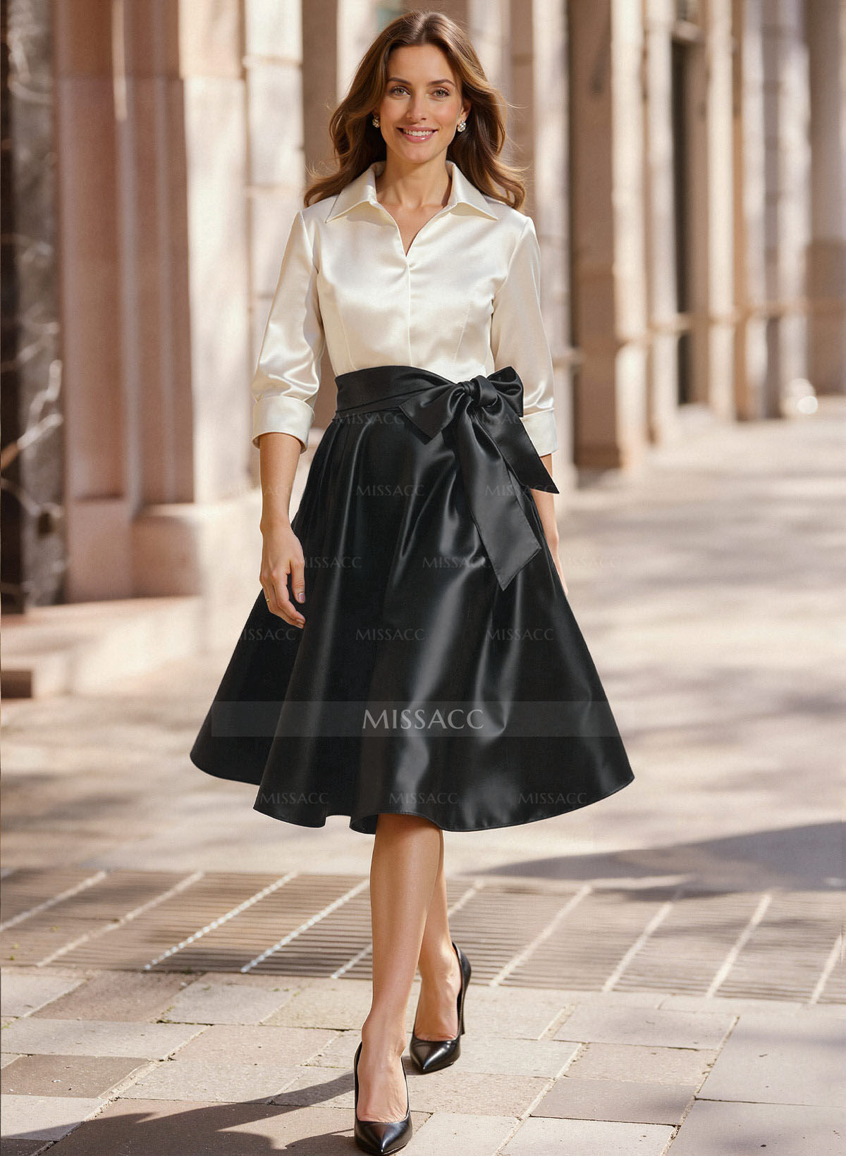 A-Line V-Neck 3/4 Sleeves Knee-Length Satin/Acetate Satin Mother Of The Bride Dresses With Bow(s)