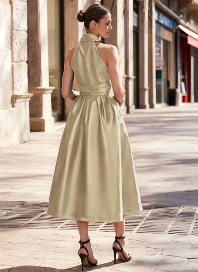 A-Line Halter Sleeveless Tea-Length Satin Mother Of The Bride Dresses With Pockets