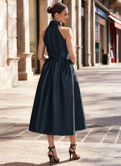 A-Line Halter Sleeveless Tea-Length Satin Mother Of The Bride Dresses With Pockets