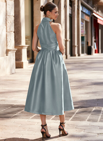 A-Line Halter Sleeveless Tea-Length Satin Mother Of The Bride Dresses With Pockets