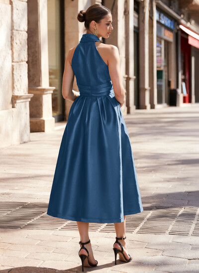 A-Line Halter Sleeveless Tea-Length Satin Mother Of The Bride Dresses With Pockets
