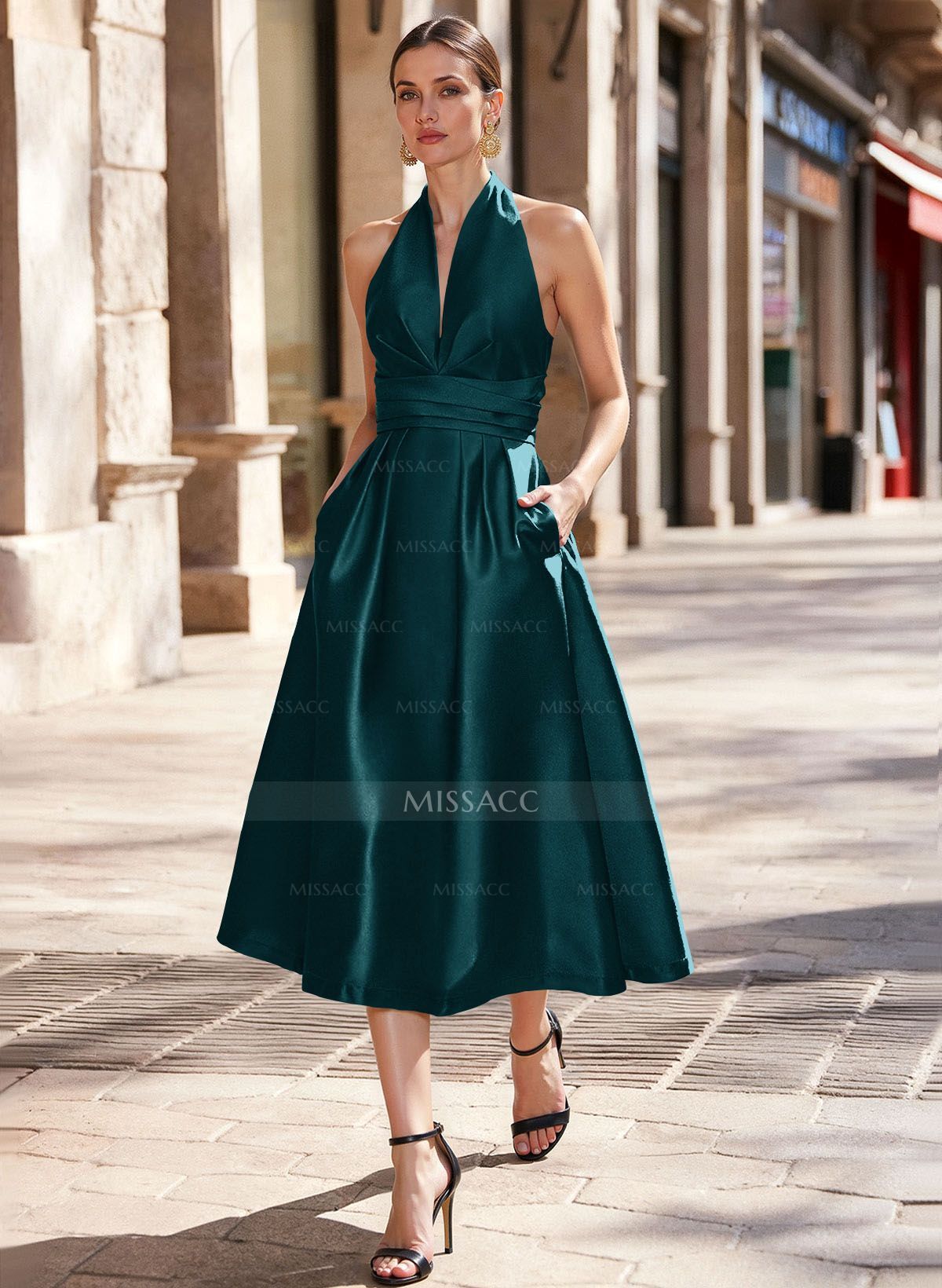 A-Line Halter Sleeveless Tea-Length Satin Mother Of The Bride Dresses With Pockets