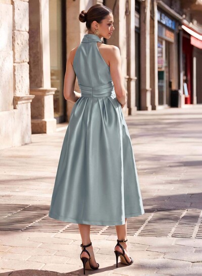 A-Line Halter Sleeveless Tea-Length Satin Mother Of The Bride Dresses With Pockets