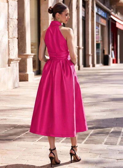 A-Line Halter Sleeveless Tea-Length Satin Mother Of The Bride Dresses With Pockets