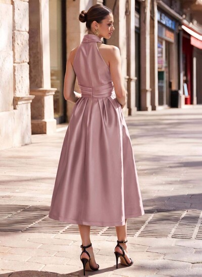 A-Line Halter Sleeveless Tea-Length Satin Mother Of The Bride Dresses With Pockets